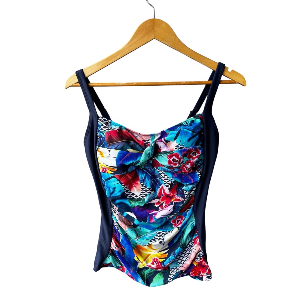 Hapari Tankini Swim Top Tropical Floral Twist Front Navy Blue UPF 50+ Size Large
